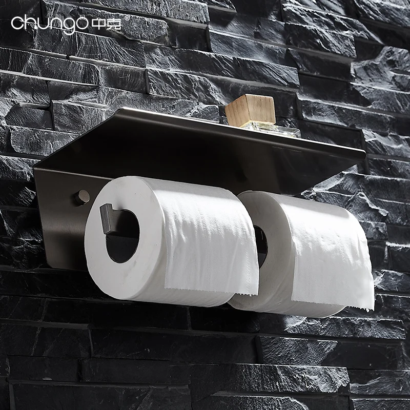 Bathroom accessories Stainless steel pivoting double roll toilet paper holder with rack phone shelf self-adhesive