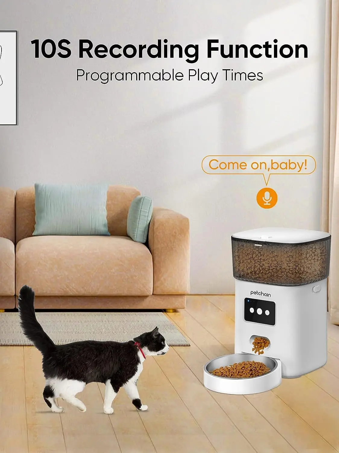 Petchain 4L WiFi Pet Food Dispenser Low Food Alarm and 10s Voice Recorder Automatic Cat Feeder