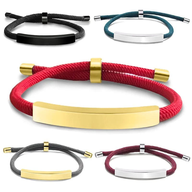 Stainless Steel Gold PVD Custom Engraved Letter Square Tube Braided Wire Bracelet Titanium Steel Adjustable RopeTube Bracelet