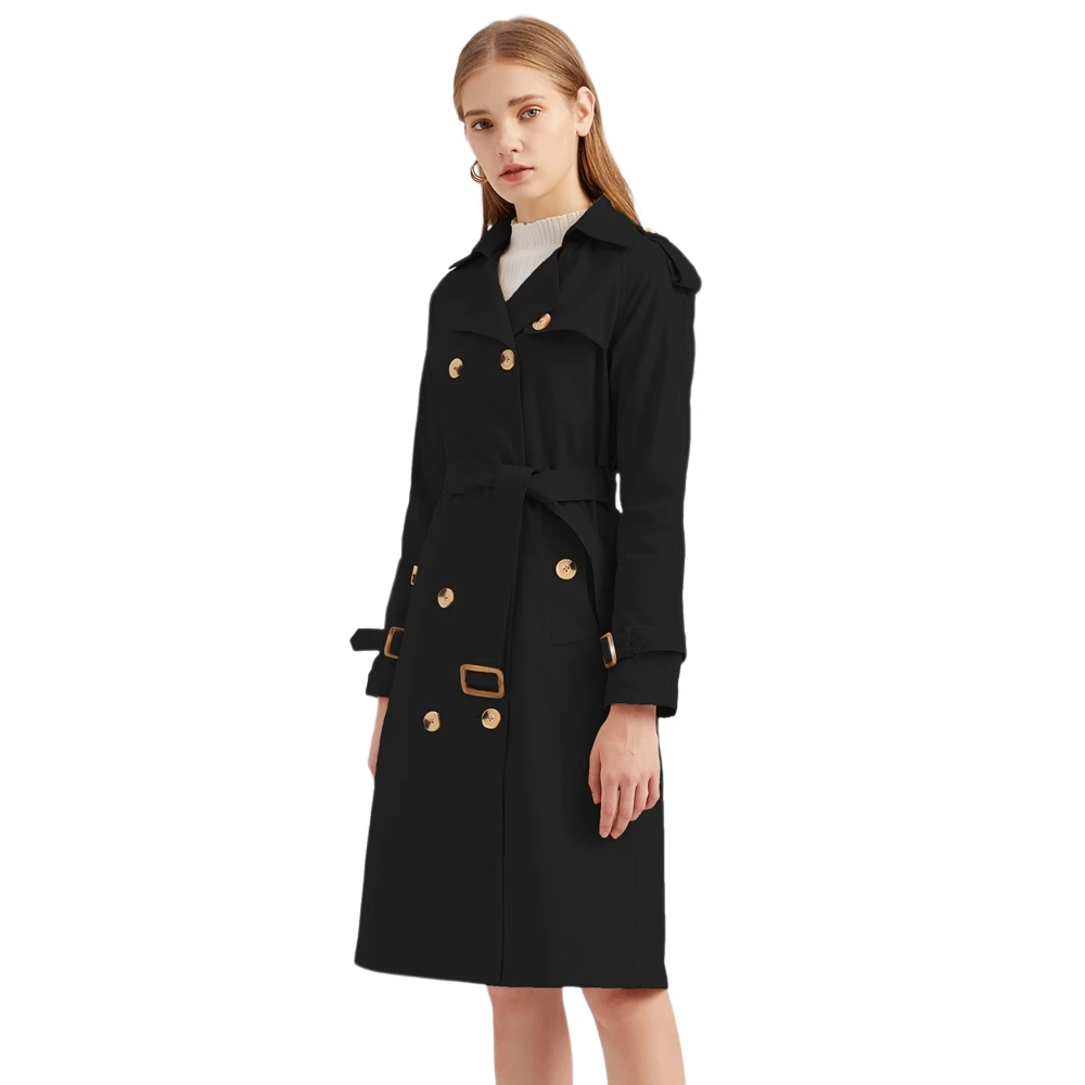 2022 High-quality Lady Solid Color England Style Long Trench Coat Turndown Collar High Waist Double-breasted Winter Coat With Po