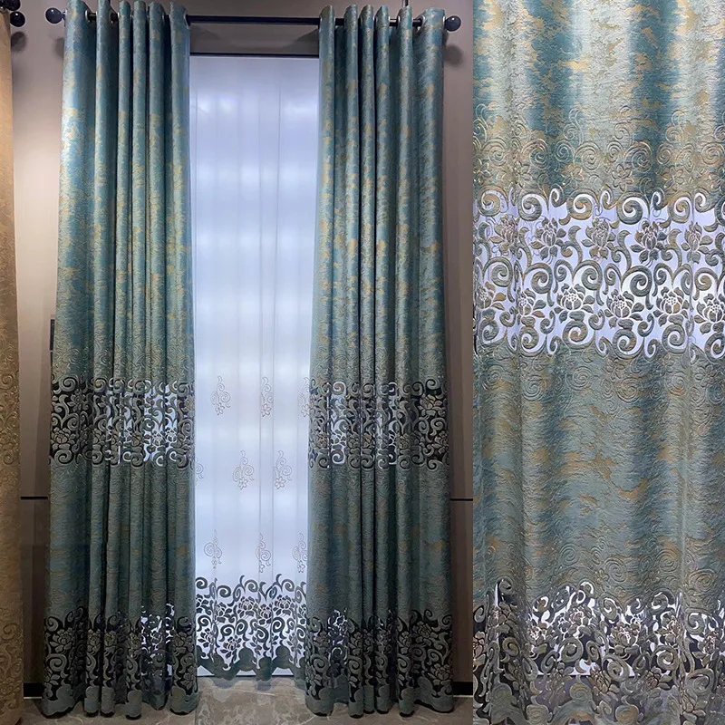 High Quality New European Style Living Room Luxury Beige Velvet Embroidered Curtains With Hollow Out Design