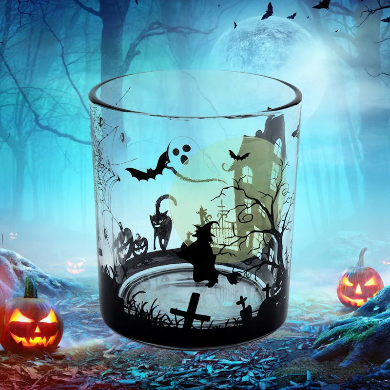 China Custom Pattern Bat Witch Pumpkin Castle Unique Halloween Decorations Candle Jar