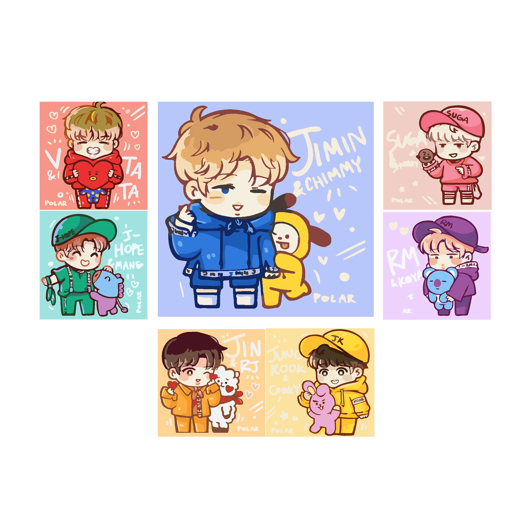 JS Popular Kpop Idol BTS Cartoon Role 5D DIY Paint by Number with Frame Kids Art Kits Students Canvas Painting Fans Army