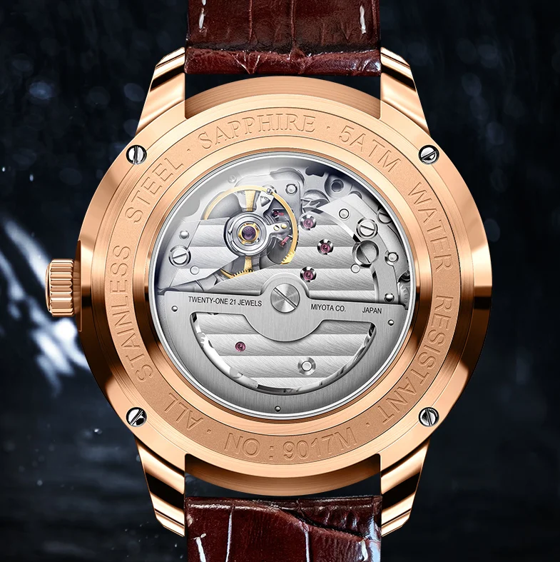 Luxury stainless steel case skeleton flywheel 24 hour show waterproof men automatic mechanical watch