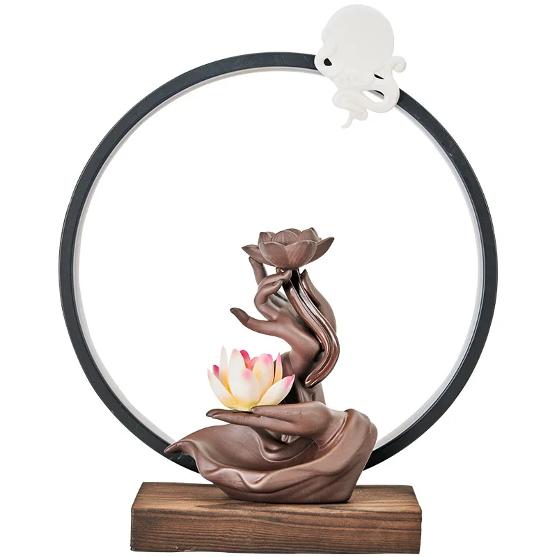 Ywbeyond Home Office Ornaments LED Lamp Ceramic backflow incense burner Zen buddha hand lotus censer waterfall holder