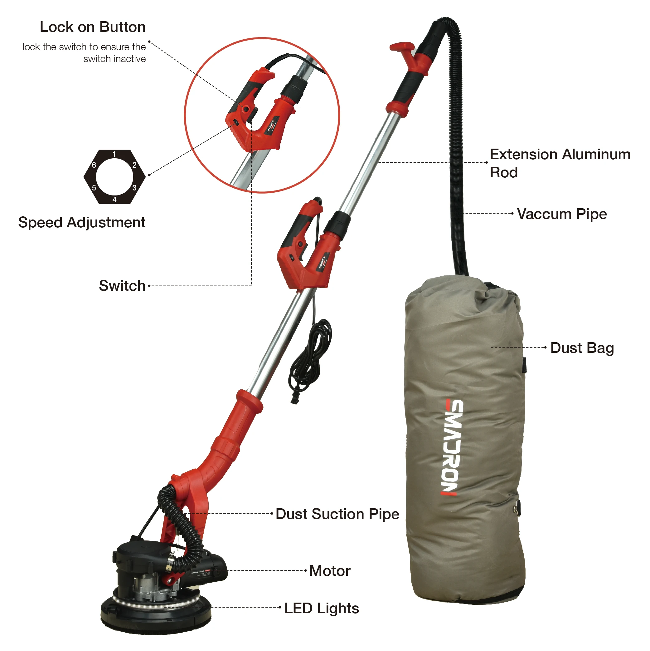 HM2309A Fast Dispatch 750W Drywall Sander Ceiling Wall Sander Machine with Vaccum System