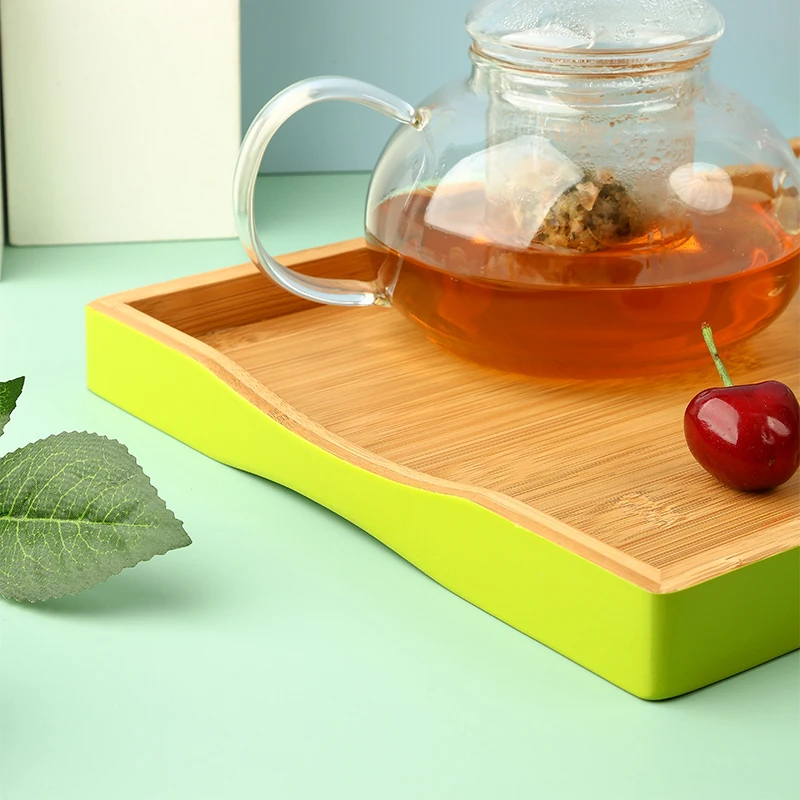 Large rectangle curve handle wooden platter bamboo serving tray with color edge