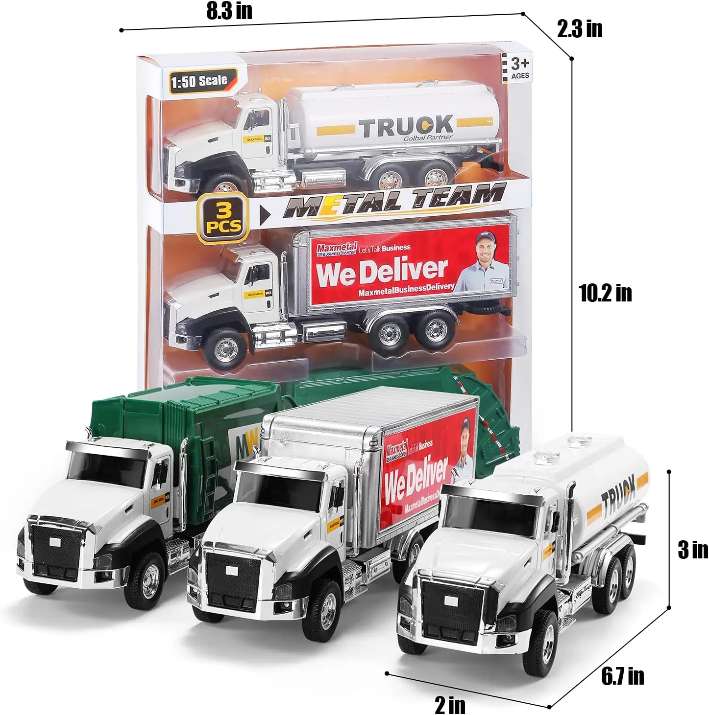 TEMI 3 Pack of Diecast City Transport Vehicles, Garbage car, Tanker, Express Delivery, 1:50 Scale Metal Collectible Models