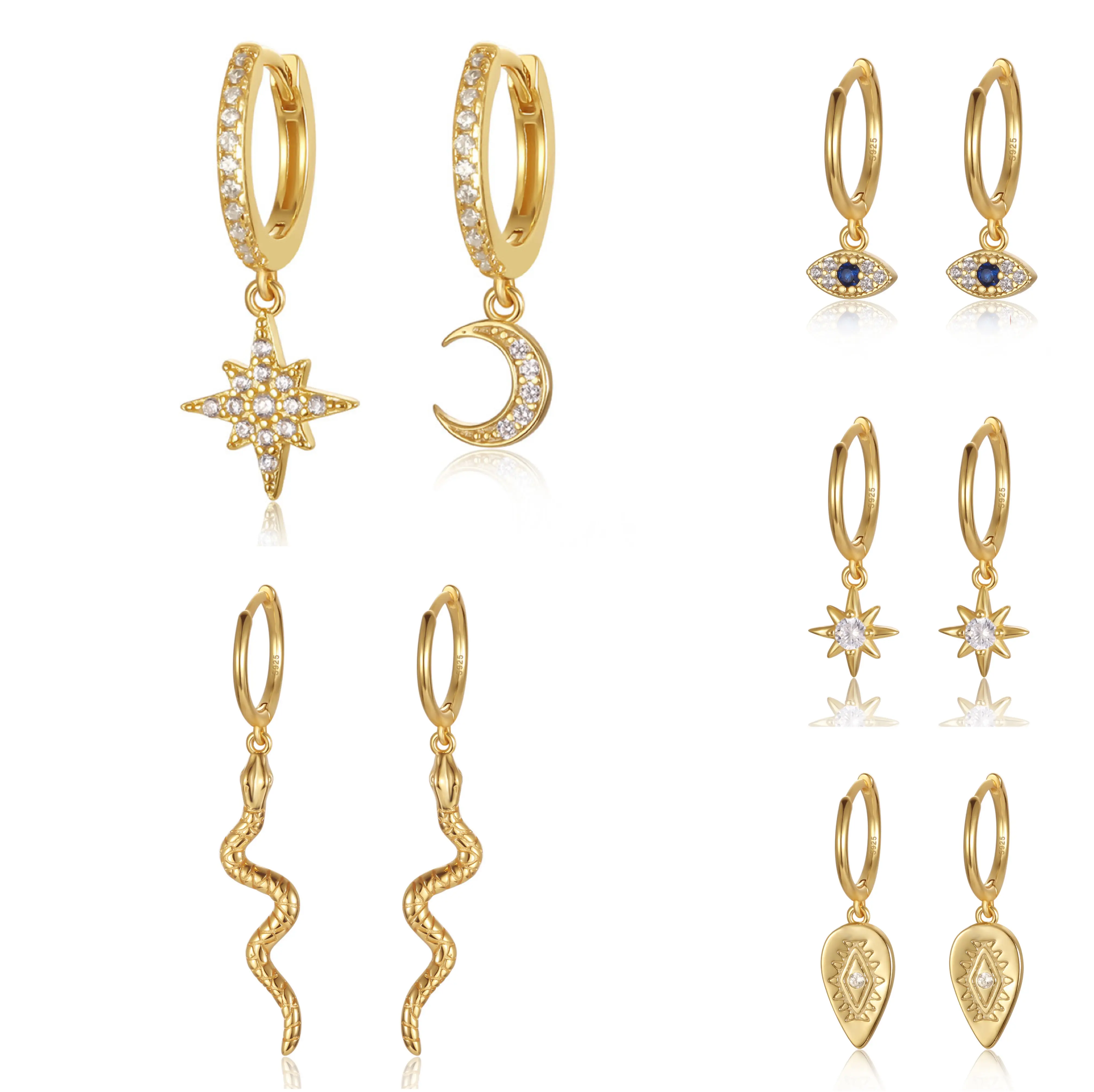 Fashion Earrings Jewelry Collection 925 Sterling Silver Zircon CZ Stone Pendant 18K Gold Plated Huggies Hoop Earrings Women