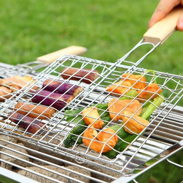 
outdoor grill fish barbecue tools Stainless steel wooden handle square grill net 