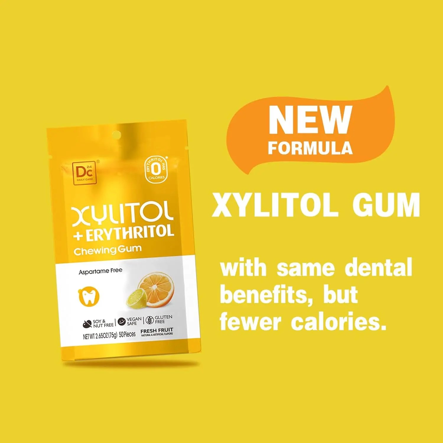 Dc24 Daily Care Erythritol Xylitol Sugar Free Vegan 75g One Pouch Fresh Fruit Flavor Chewing Gum