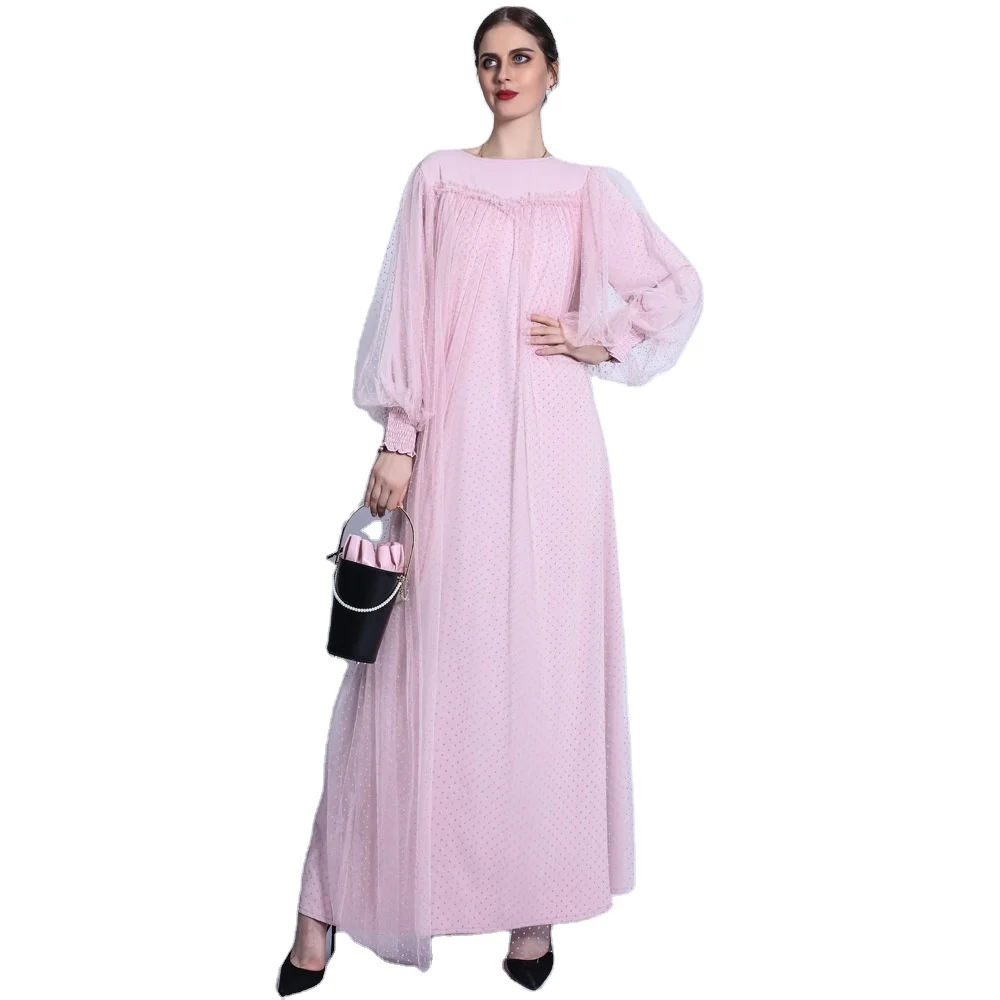 transpartant dot lace cover the skirt lantern elastic sleeve back button closure floor length muslim dress for women