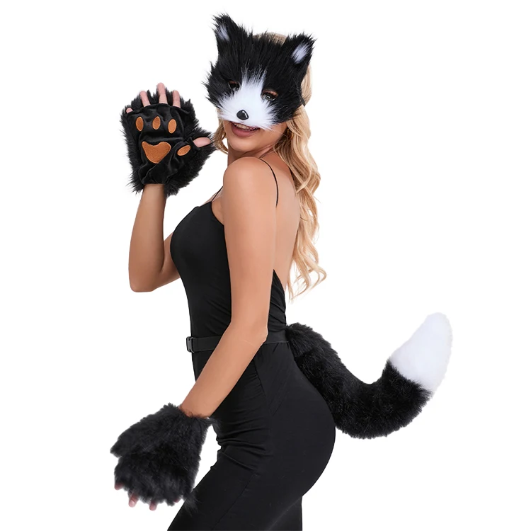 Halloween Party wolf fox cat Mask tail Bear Paw Gloves Furry mask Fur tail