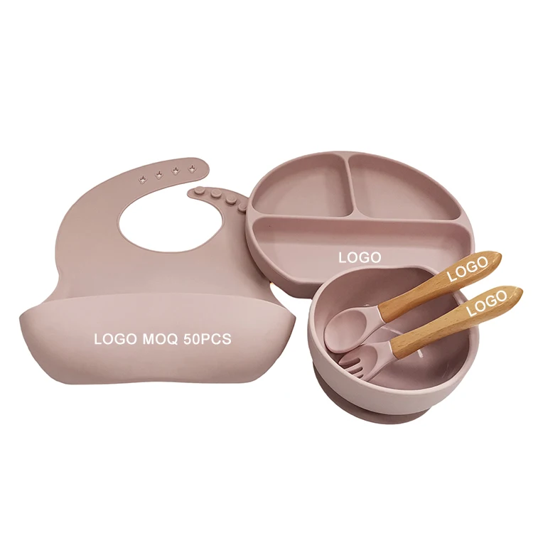 
Custom Logo Kids Feeding Silicone Baby Bowl Set Bib Suction Plate with Wooden Handle Spoon Fork 