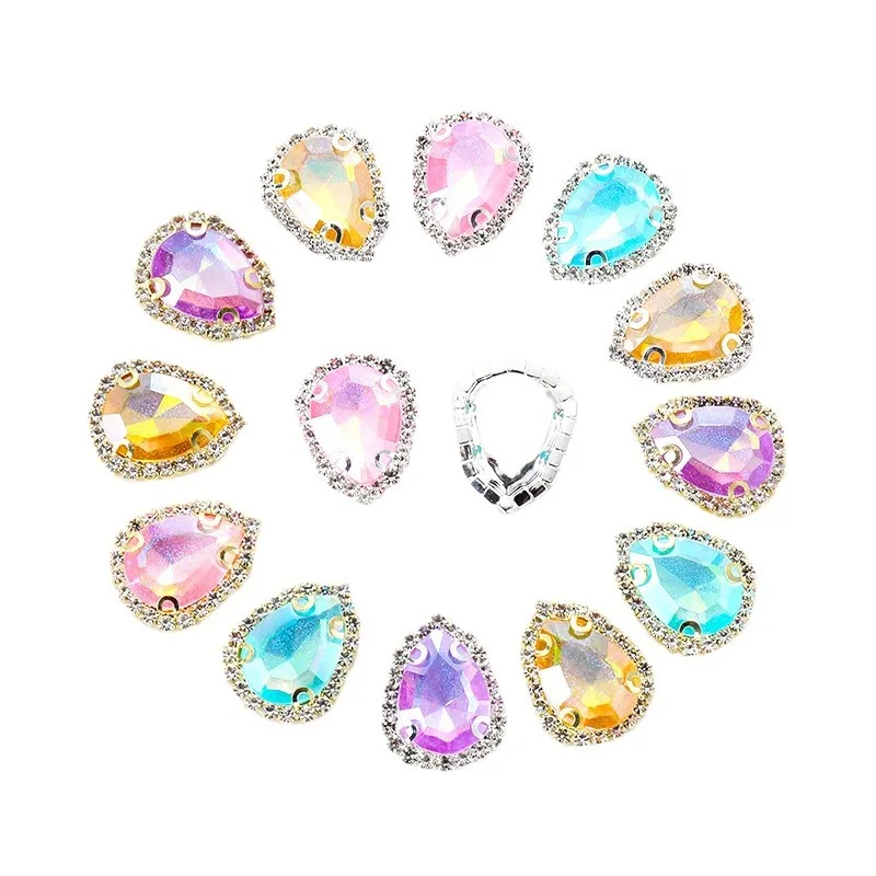 China Factory Wholesale 13*18 New Water Drop Shape Hand Stitched Glass Buckle Metal DIY Hair Accessories Shoe Buckle