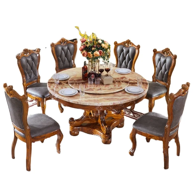 Classic European Style Dining Table 8 Seaters Chairs Luxury Marble Wooden Rotating Dining Table Set