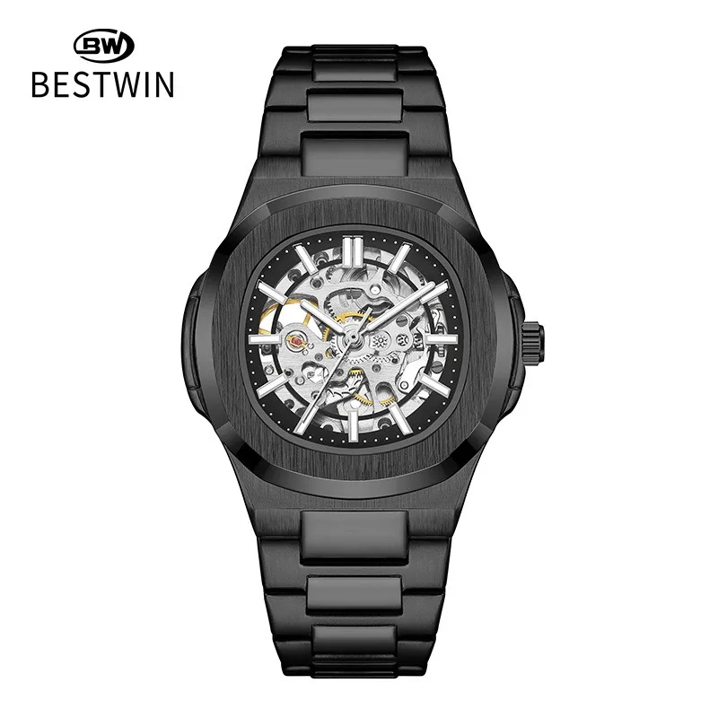 New Design Mechanical Movement Stainless Steel Band Custom logo Branded Black and Golden Color Fully Automatic Watch for Men