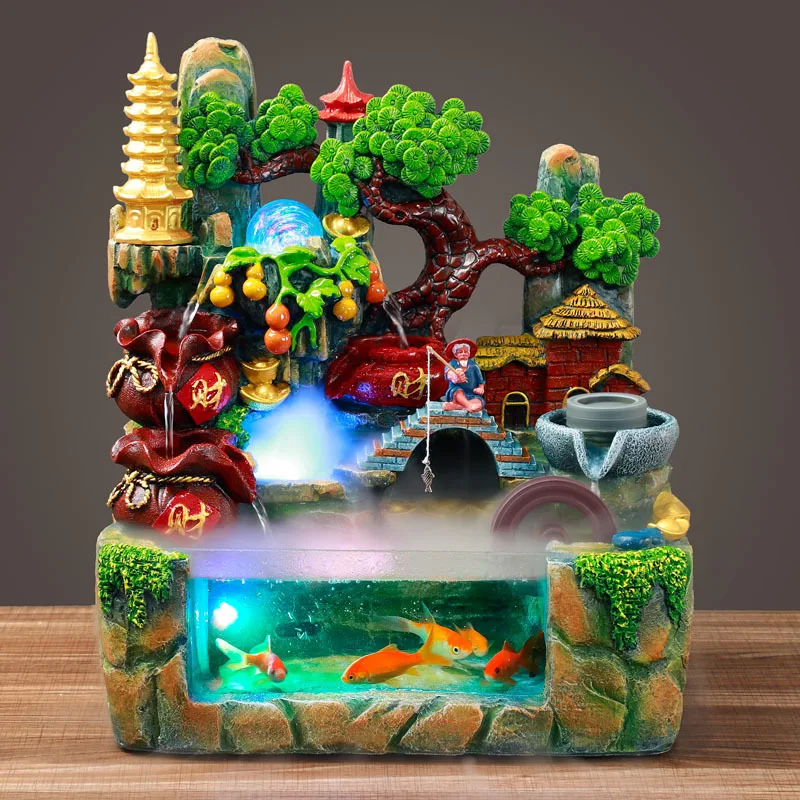 Fish tank landscape rockery water fountain Feng shui wheel crafts home bonsai creative resin decoration