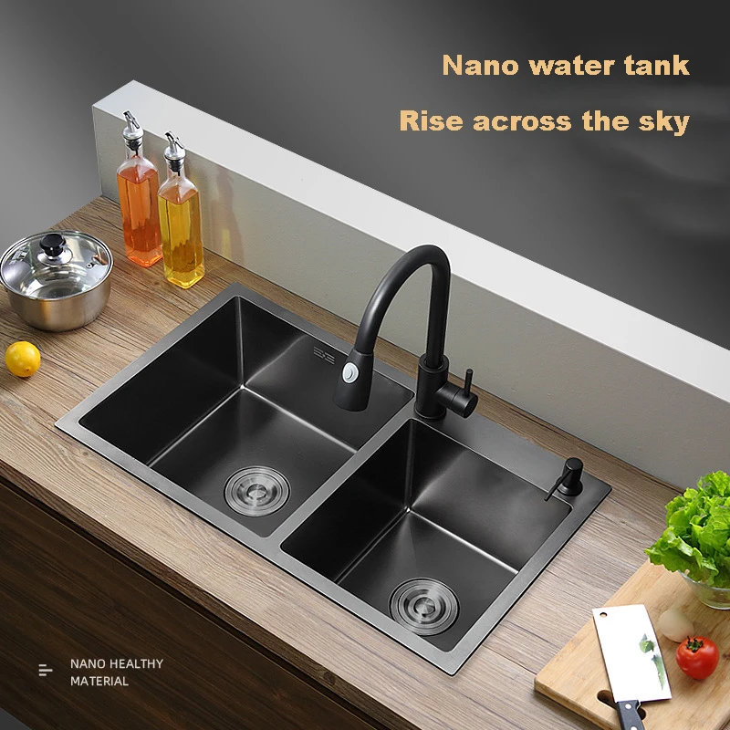 
Polished kitchen sink double bowl handmade kitchen sink stainless steel NANO technology silver double sink factory sale 