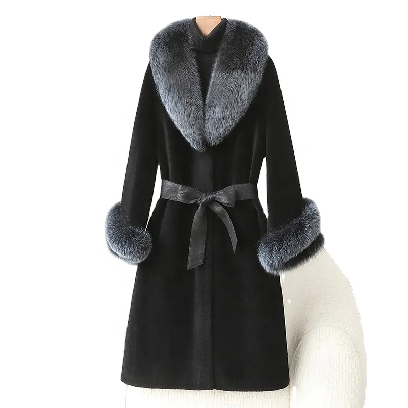 Pellet Sheep Shearling Elegant Coat Female 2023 Winter New Fox Hair Collar Real Wool Long Warm Jacket JT436