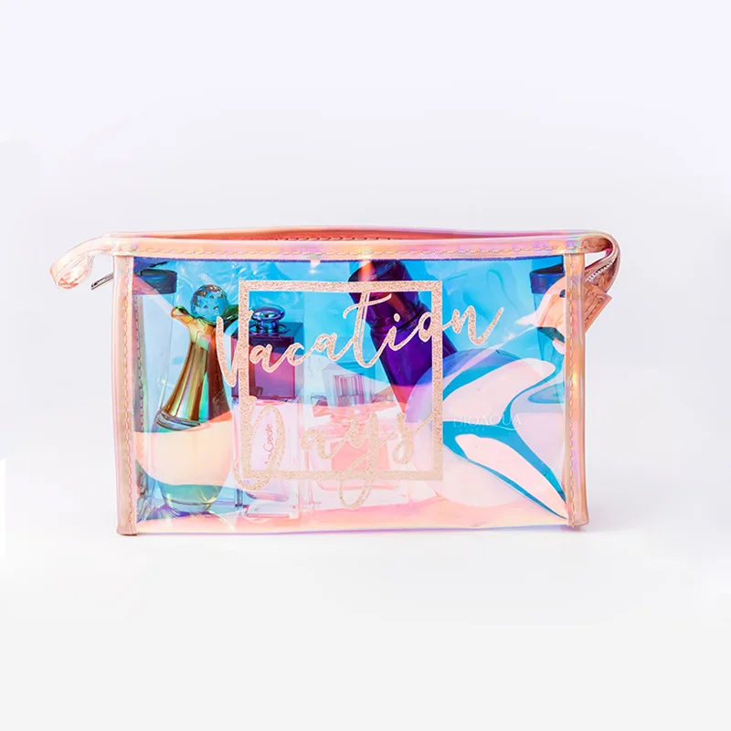 Holographic Clear Cosmetic Bag PVC Travel Laser Jelly Iridescent Makeup Bag Transparent Wash Bag