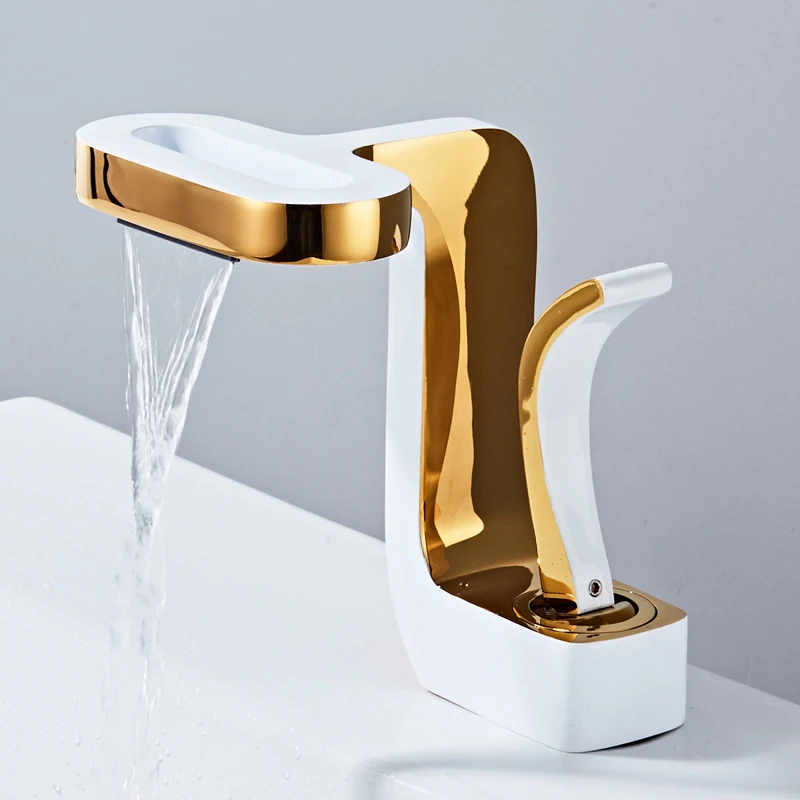 New design cold basin faucet waterfall white single handle Mixer Tap gold tabletop wash basin bathroom sink hotel basin tap