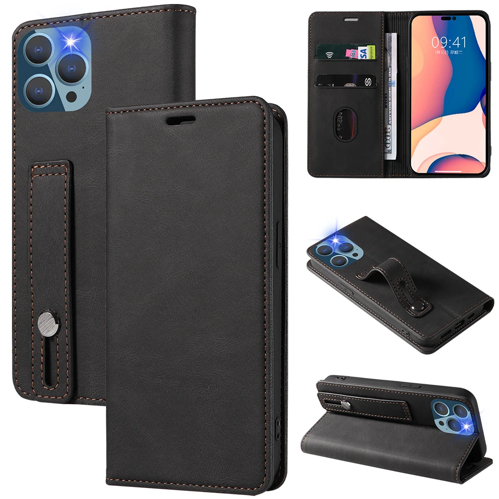 For iPhone 16 Pro Max Case With Stand and Magnetic Closure Flip Leather Wallet Mobile Phone Case With Wrist Strap