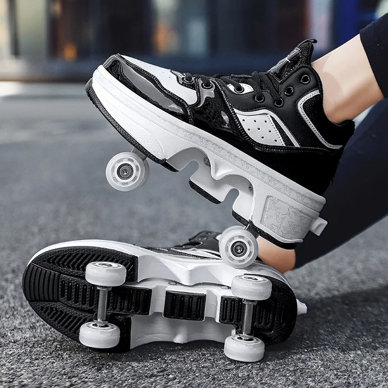 Black Derby Roller Skates 4 Shiny Wheel Classic Double-Row Roller Skates for Indoor and Outdoor