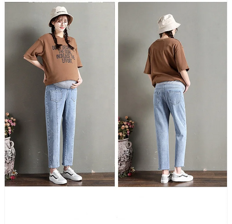 Модель 2019 года, весенние джинсы для беременных с карманами в виде ягодиц для беременных, джинсовые брюки для беременных, хлопковые свободные брюки, Одежда для беременных