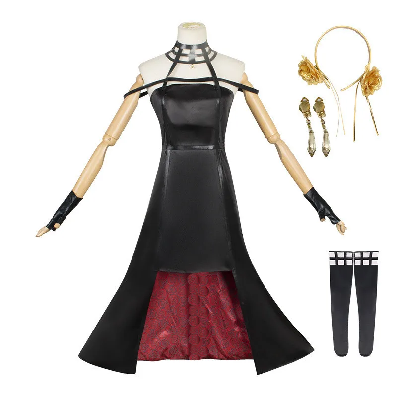 Anime Spy Family Yor Forger Cosplay Killer Assassin Gothic Halter Black Dress Outfit Cosplay Costume with Leather Stockings
