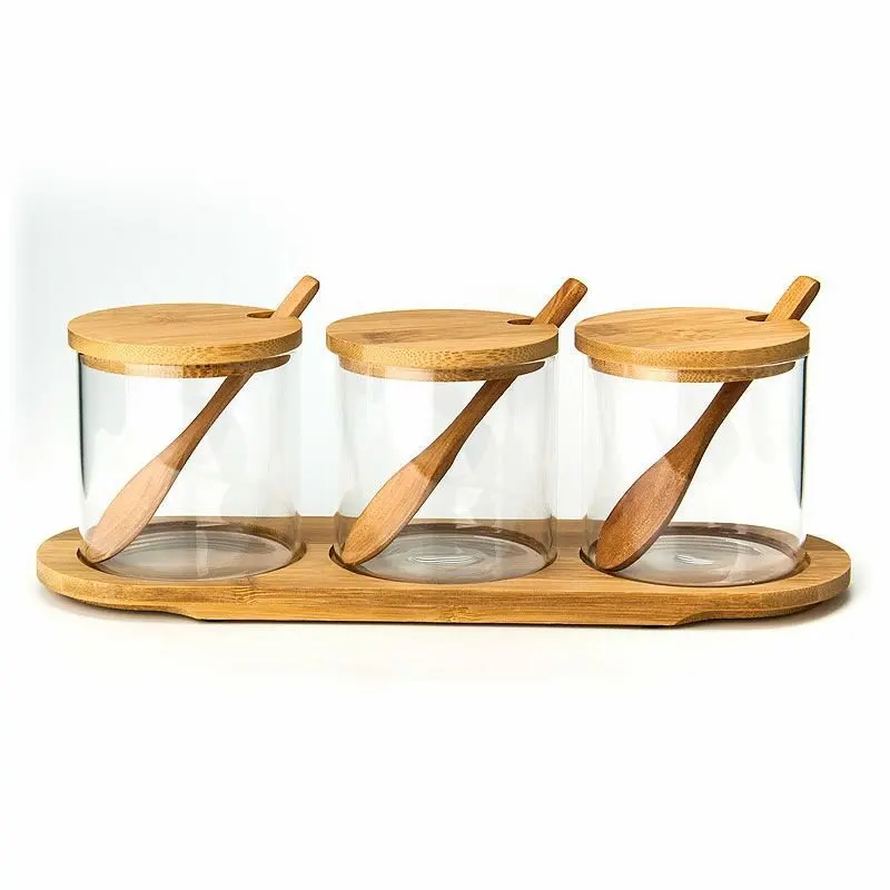 VMARA Premium Set of 3 Bamboo Lid Airtight Glass Jar with Spoon for Kitchen Seasoning Flavouring Storage