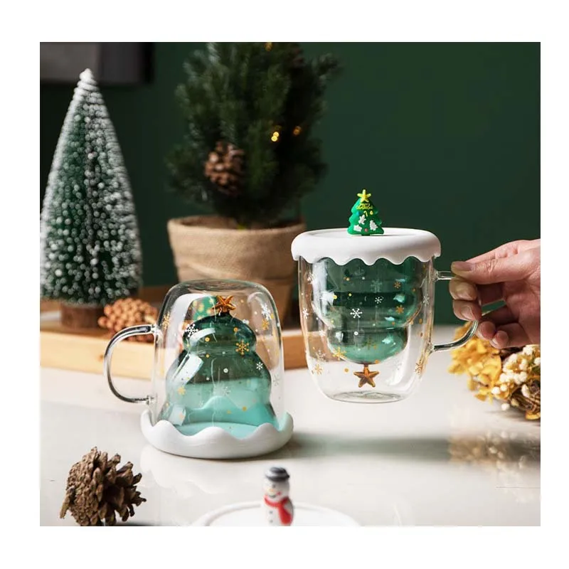Wholesale 250ml gift Mug Christmas Wishing Christmas Tree Xmas Gift Double Wall Glass Cup Christmas mug