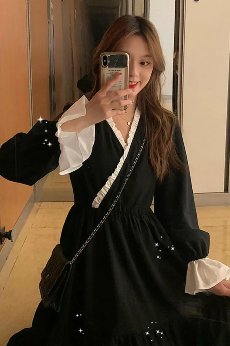 2021 Korean Style Black Autumn Women Dress Vintage Dresses Spring Long Lotus Sleeve Dress