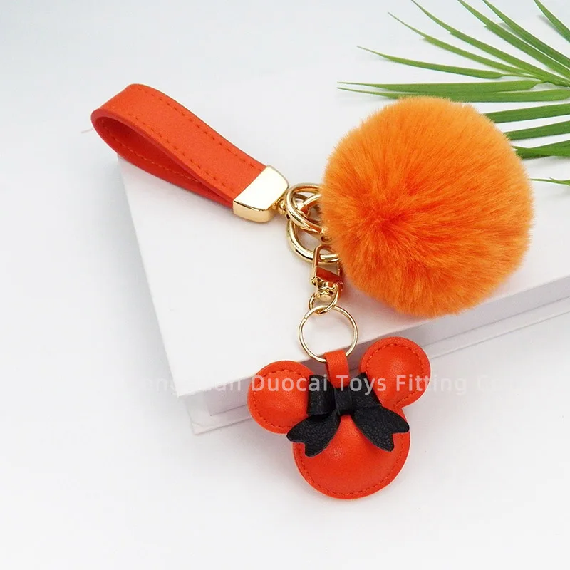 New Style Designer Fashion Mickey Pompom Bag Charms Genugine Leather  Car Key Chain Accessories Custom Luxury Fur Keychain