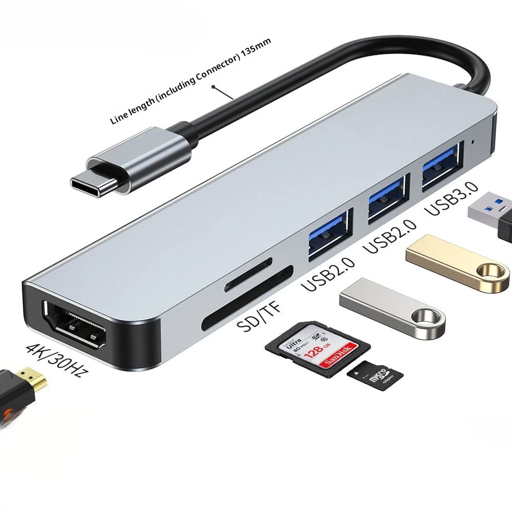 Multi ports 6 in 1 usb type-c hub adapter with usb3.0 4k hdtv vga rj45 card reader ports usb-c hub PD100W for laptop