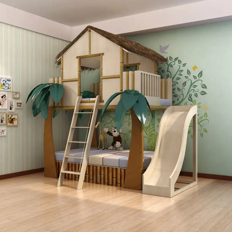 Modern Treehouse style kids up and down bed furniture pink solid wood kids bed Children bunk bed with Slide