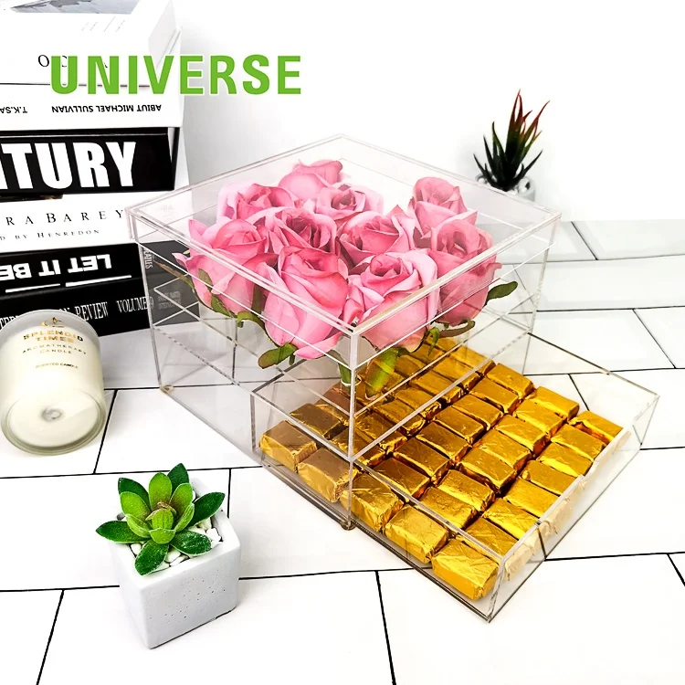 UNIVERSE Custom Clear Acrylic Gift Rose Soap Flower Gift Box Pelxi Flower and Chocolate Rose Box Acrylic