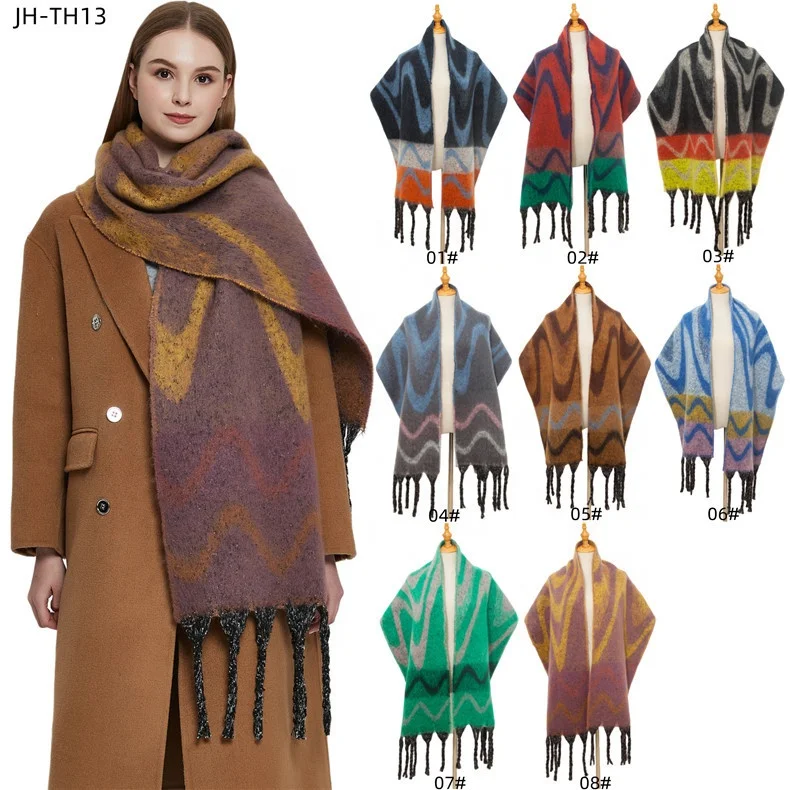 Feel Acrylic Scarf Pashmina Blanket Shawls Women Stripes Scarf with Fringe Circle Yarn European Winter Warm Oblong Cashmere Long