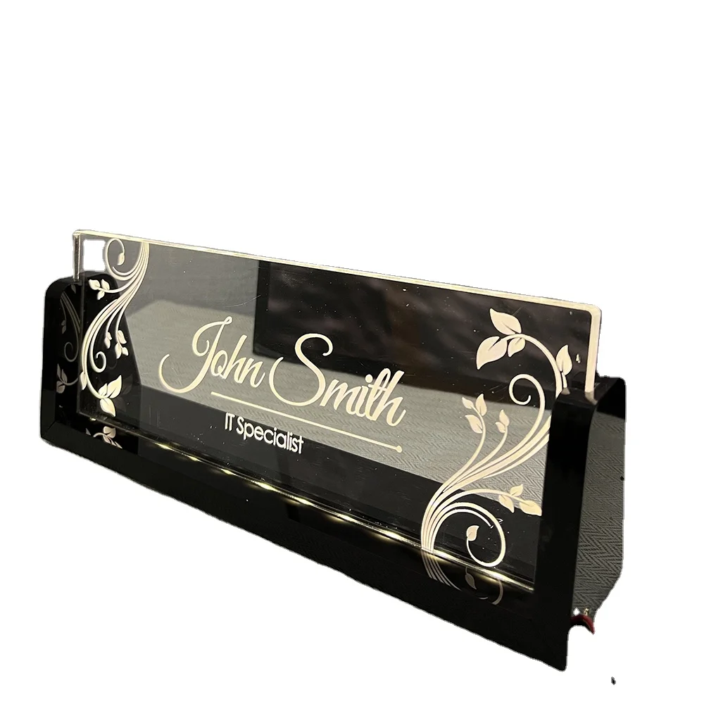 Personalized Lighted Acrylic Nameplate with LED Desk Name Plate with Wooden Base Office Gifts for Boss Coworker Desk Accessories