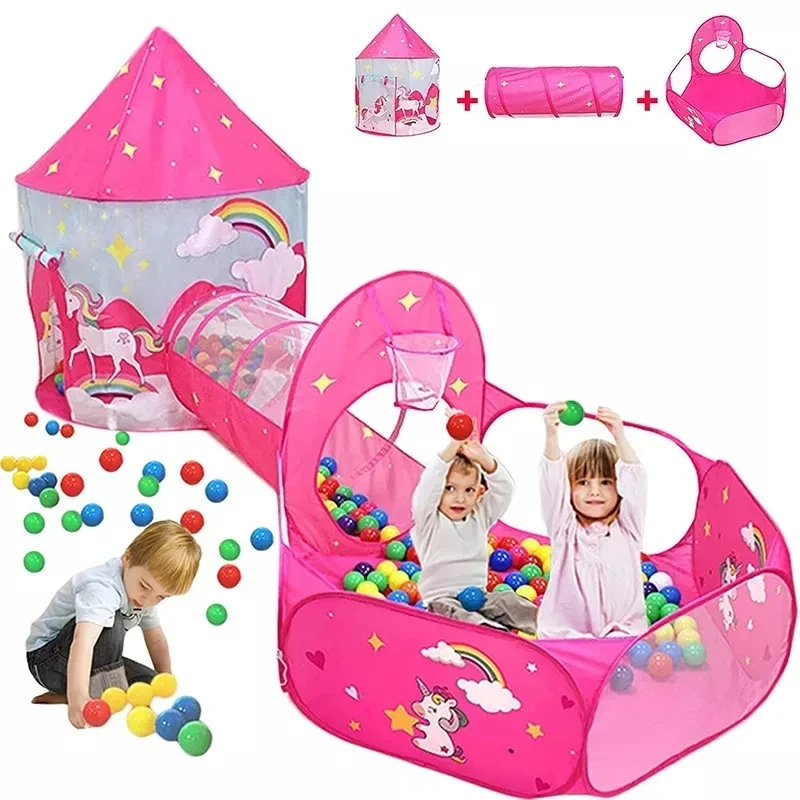 Pop Up Children Camping Tent  Custom Large Princess Castle 3 In 1 Combination Crawl Tunnel Kids Play Tent Set