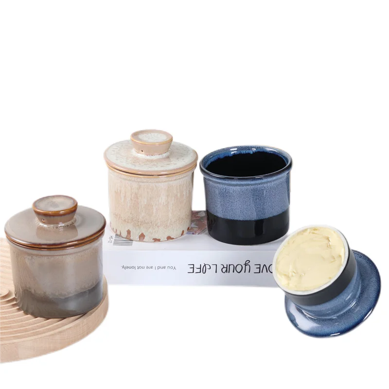 Unique Rustic Farmhouse Style Decor Gift Food Jar Container Dish With Cover Ceramic Porcelain French Butter Crock