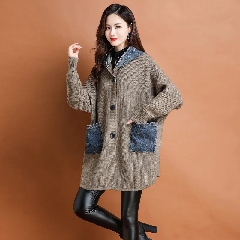 Autumn winter new arrival fashion lady batwing sleeve loose fit jacket patchwork plus size sweater hooded coat