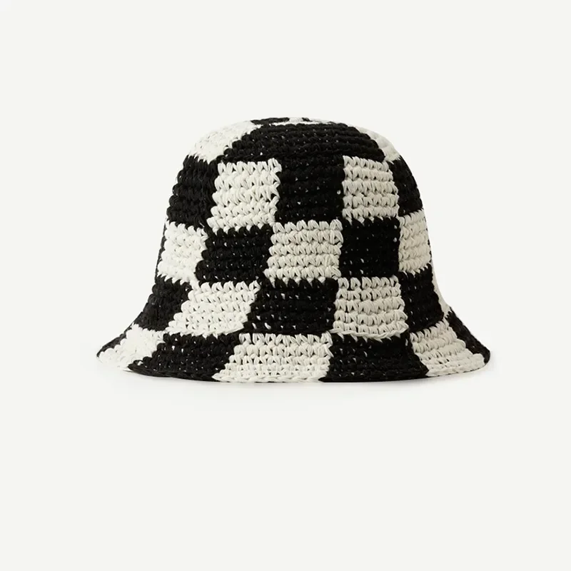 Custom colorful ladies hand made crochet fisherman cap hat chunky checkered knitted crochet bucket hat