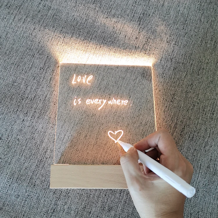 Luminous Blank Acrylic Rewritable Transparent Message Board Wooden Base Night Light