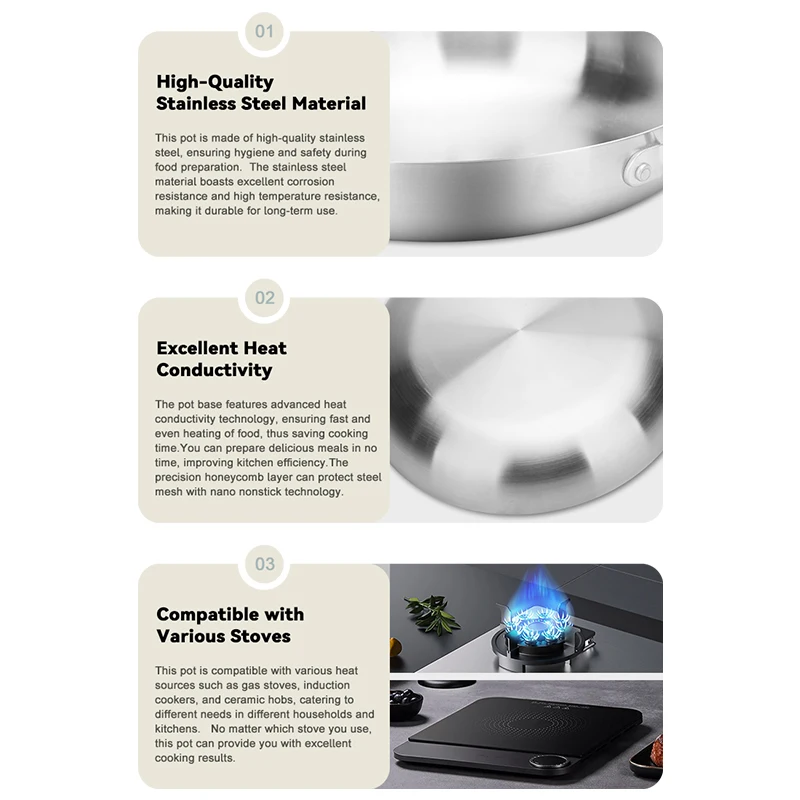 Frying pan long handle mini deep cooking kitchen cookware pots induction bottom non stick double sided 304 stainless steel pan