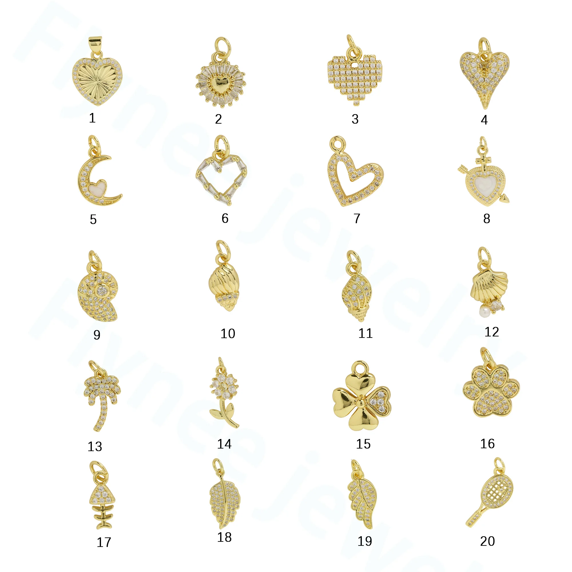 New 18K Gold Filled Personalized Brass Zircon Stone Heart Moon Feather Charm Pendant for DIY Accessories Random mixed design