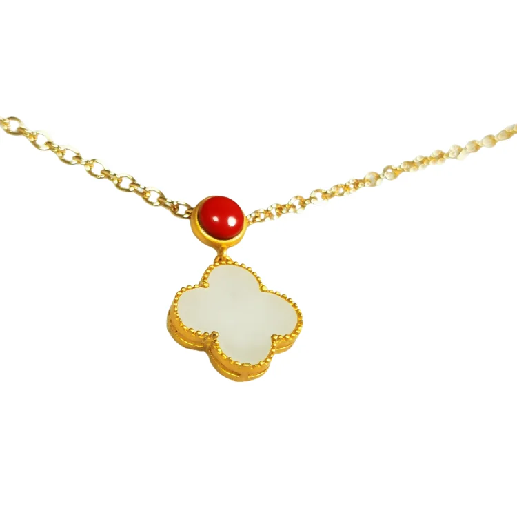
2020 sterling silver fashion hetian gold and white jade Four-leaf clover pendant necklace with chain 