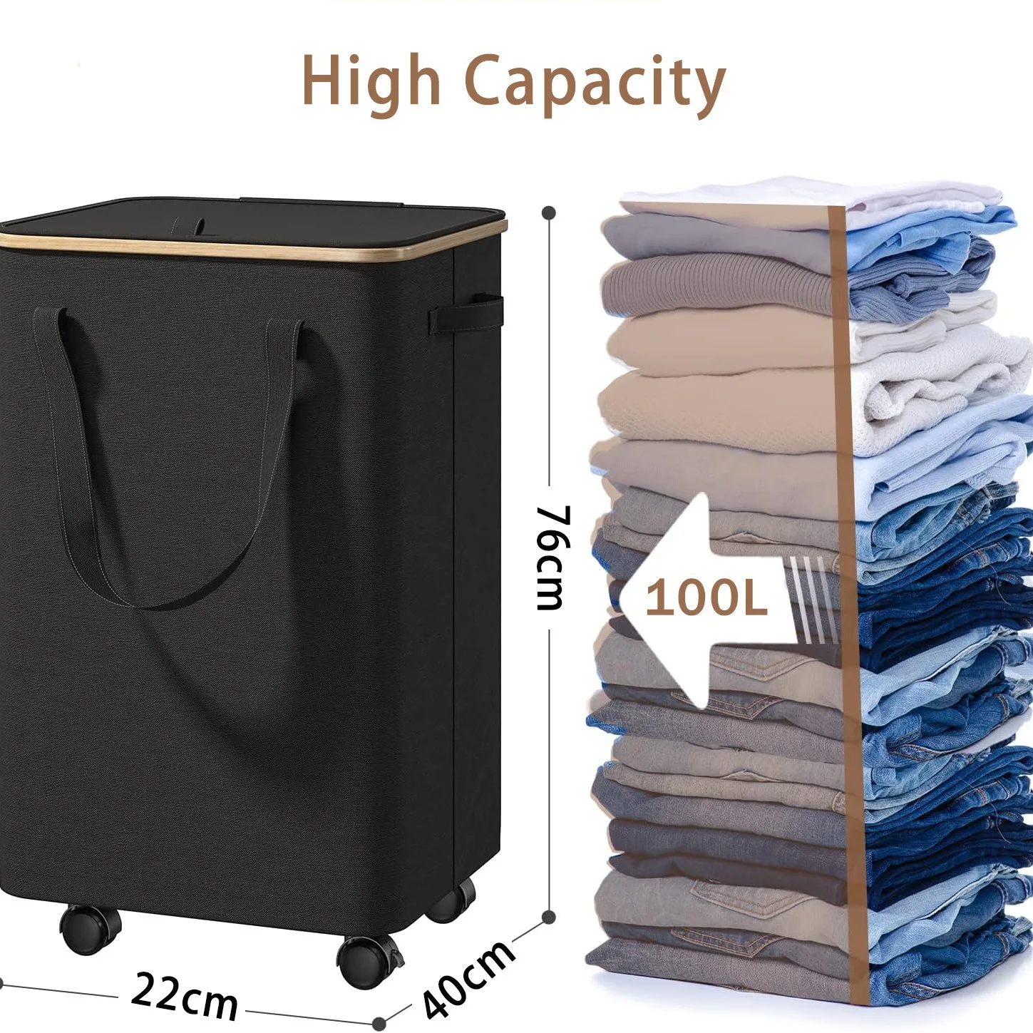 Wholesales Custom Logo Large Capacity Oxford Canvas Bamboo Ring Capacity Basket Collapsible Laundry Baskets With Wheels