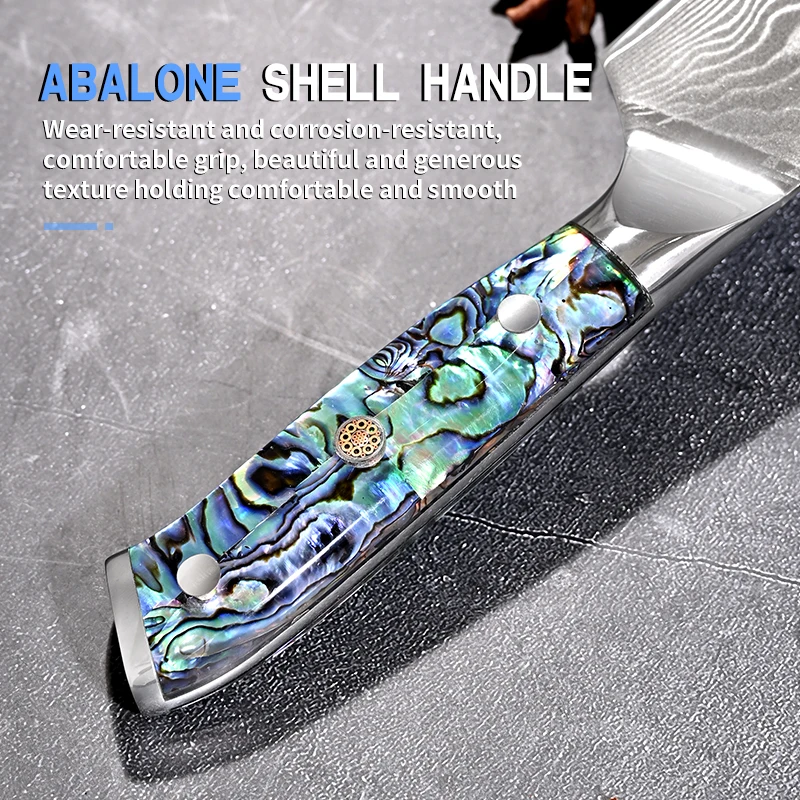 7 Inch Damascus Steel Meat Cutting Slicer Kitchen Knife With Abalone Shell Handle