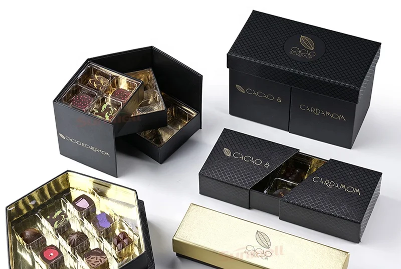 Custom 2 Layer Black Chocolate truфель бумажная упаковочная коробка с ПВХ вставкой роскошные открытые двери шоколад подарочные коробки